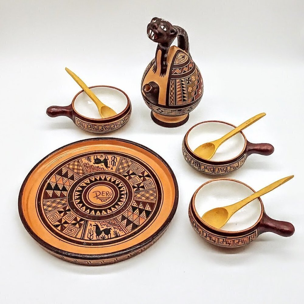 Vintage Peruvian Terra Cotta Chicha Jaguar Jug Serving Set
